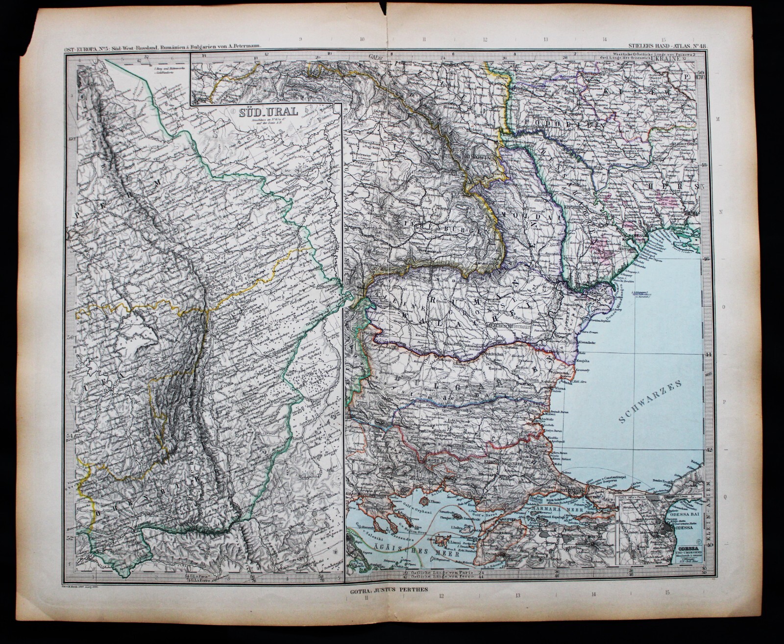 STIELERS HAND ATLAS WORLD MAP PLATE PAGE NO. 48 S. URALS & BLACK SEA COAST 1888