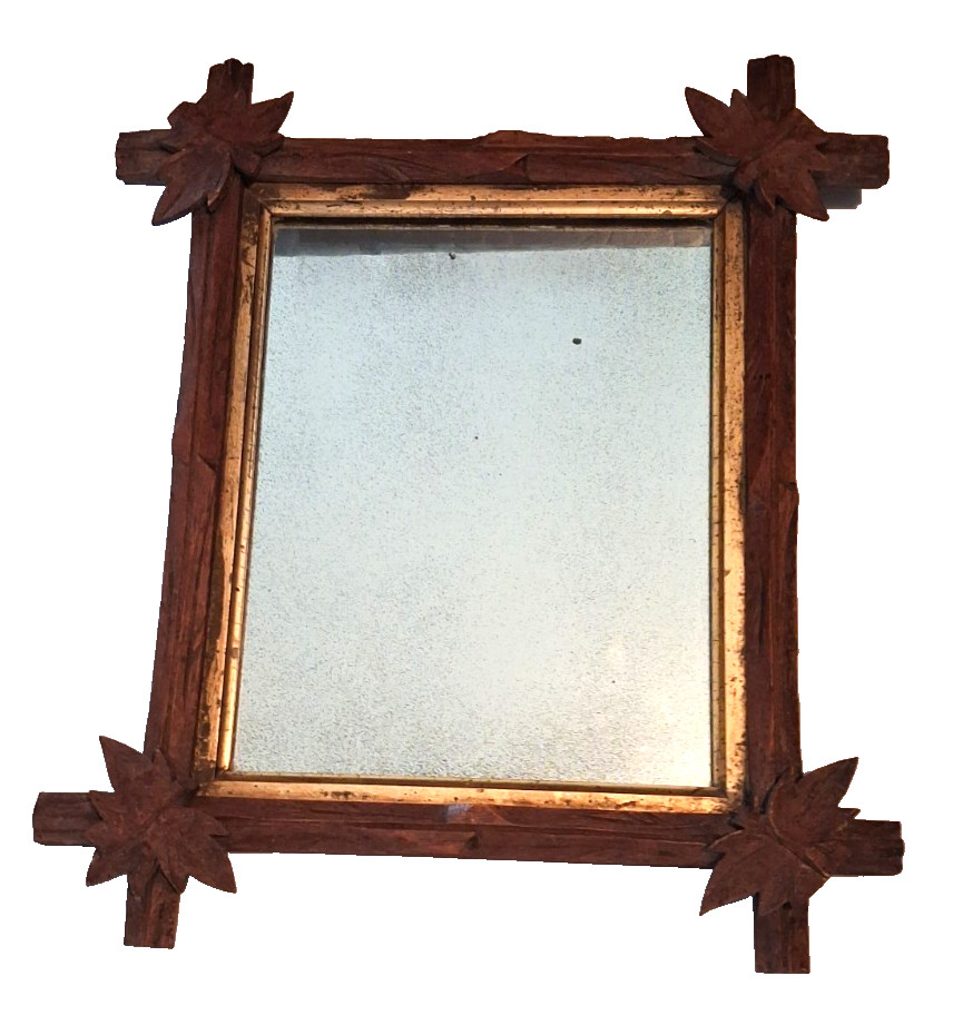 Antique Adirondack Black Forest Style Tramp Art Carved Wood Frame Mirror