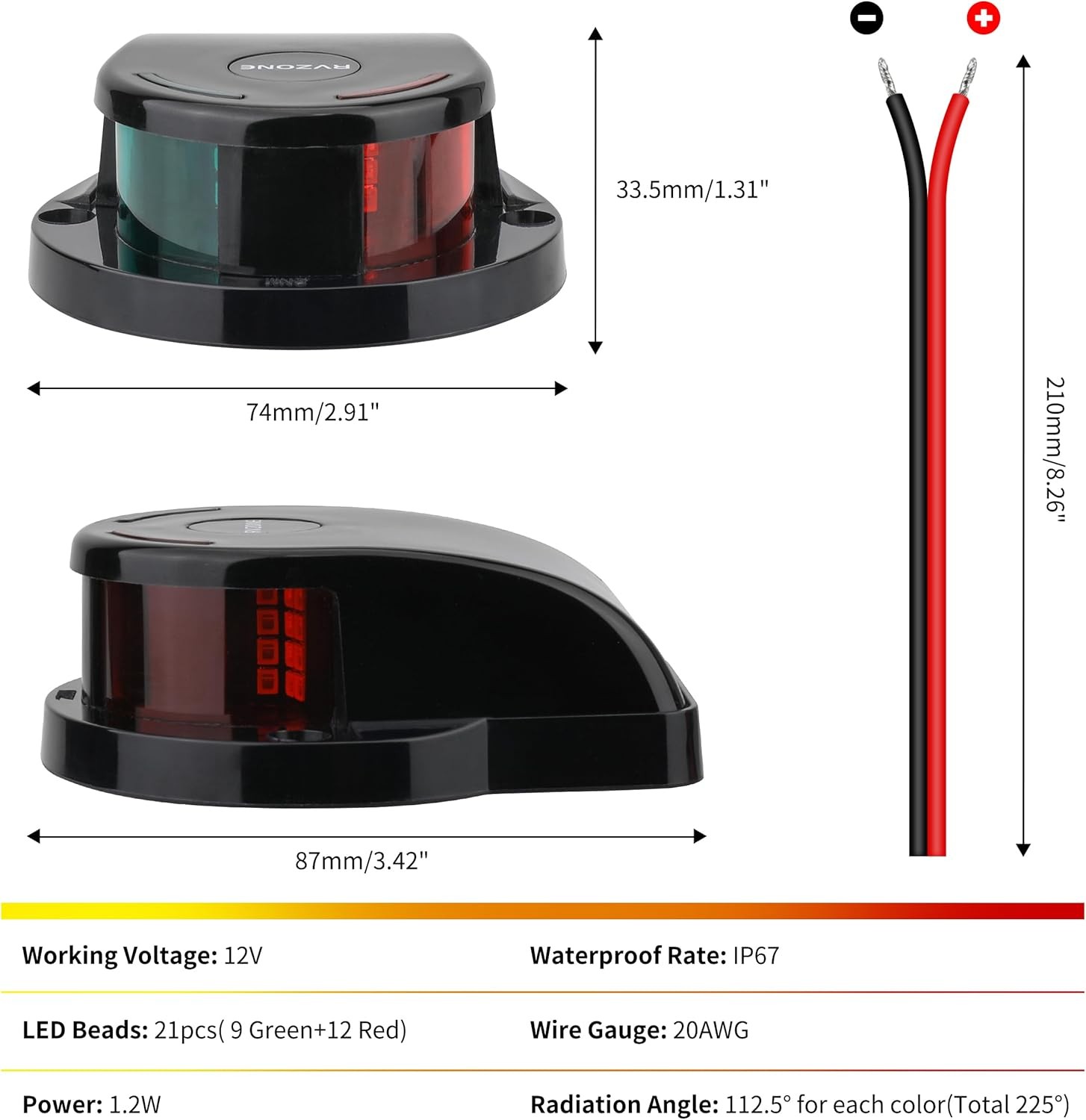 Boat Navigation Lights, Navigation Lighting for Boats Led IP67 Waterproof Red an