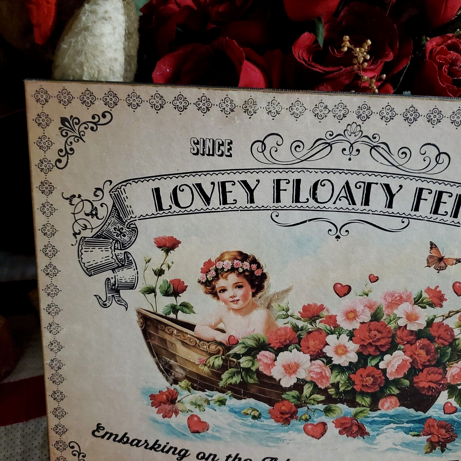 SHABBY VICTORIAN PRIMITIVE VINTAGE STYLE VALENTINE 1896 LOVEY FLOATY FERRY SIGN