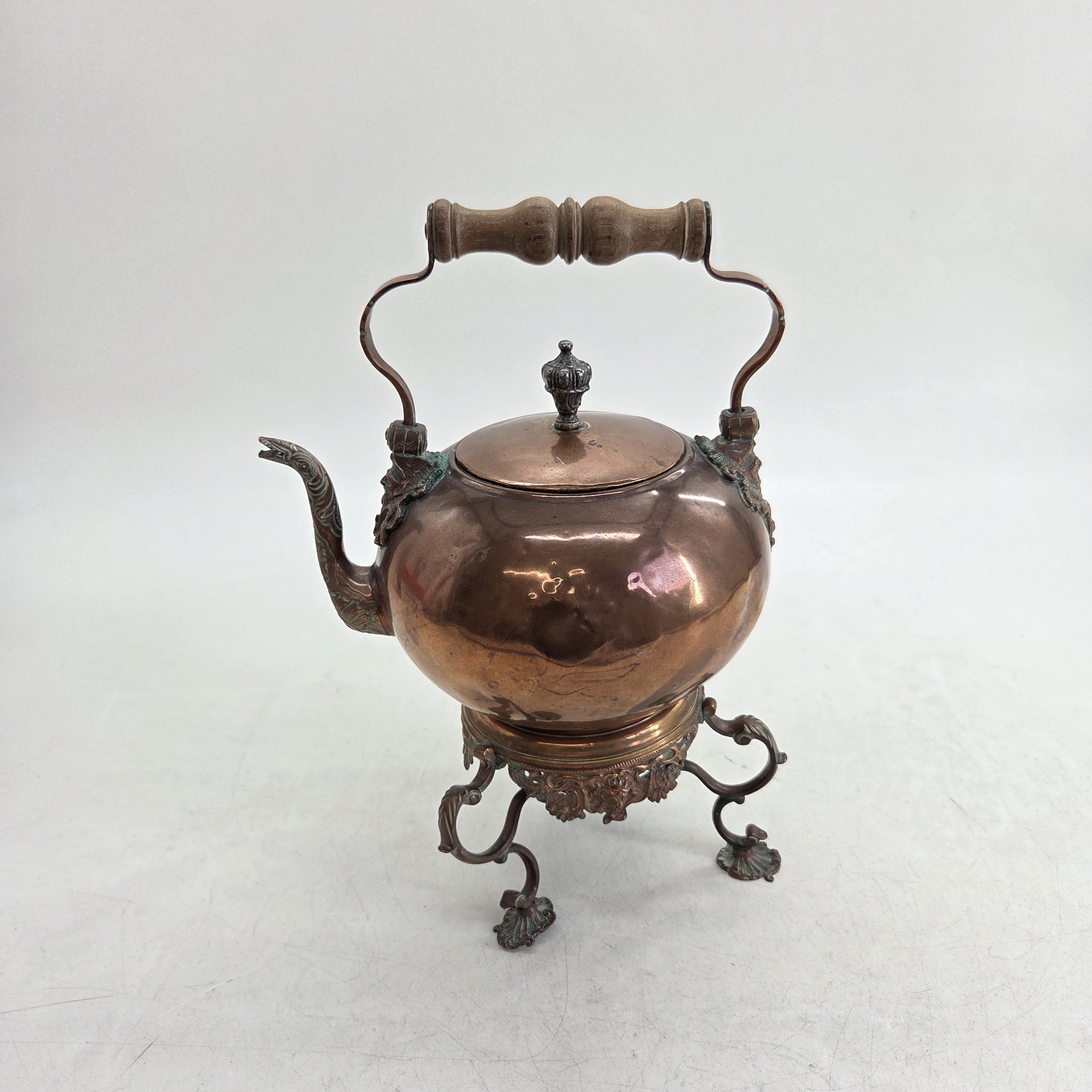 Victorian Copper Spirit Kettle with Stand Wooden Handle Ornate Detailing Antique