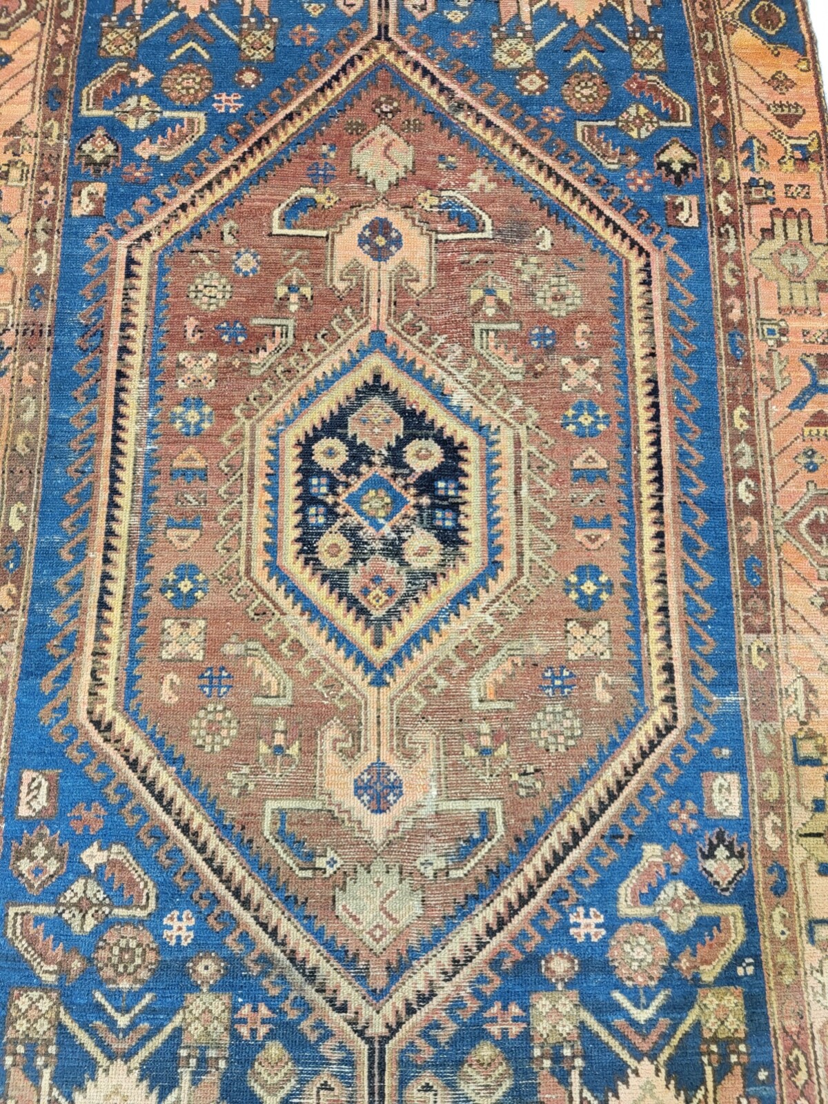 Antique Oriental Hand-Knotted Wool Area Rug Beige/Navy Blue 3’1″ x 6’3″