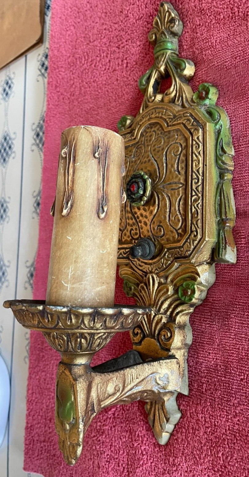 Antique 20’s Wall Sconce Polychrome Deco Nouveau Heavy Ornate Electric Candle