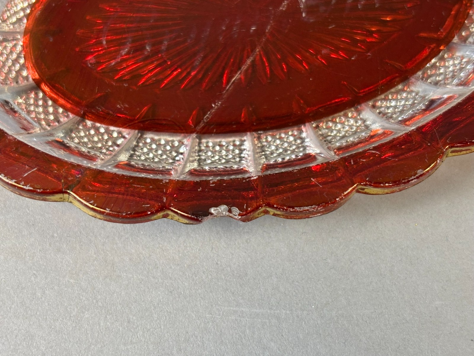 #1032 Antique BRYAN OHIO Ruby Red Flash Souvenir Glass CANDY DISH