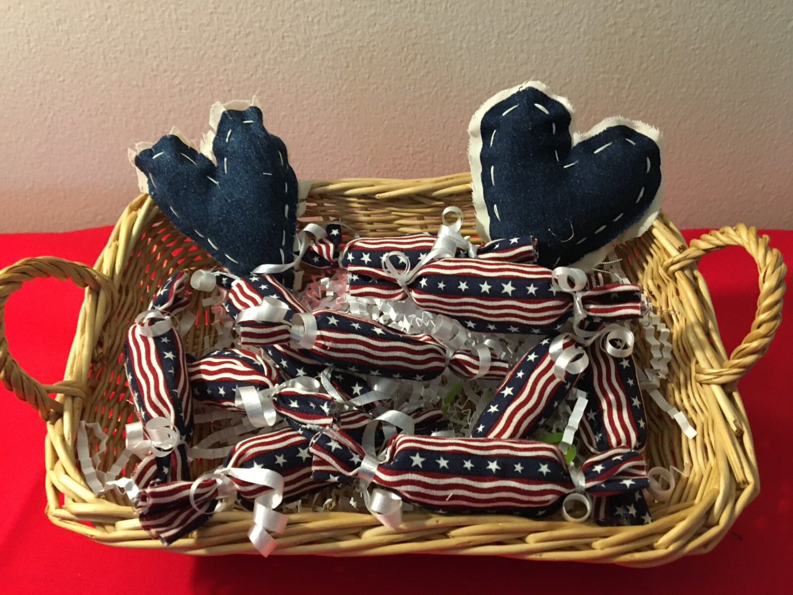 PRIMITIVE FLAG RED/WHITE BLUE “CANDY” SET OF 10 & 2 BLUE HEARTS BOWL FILLER