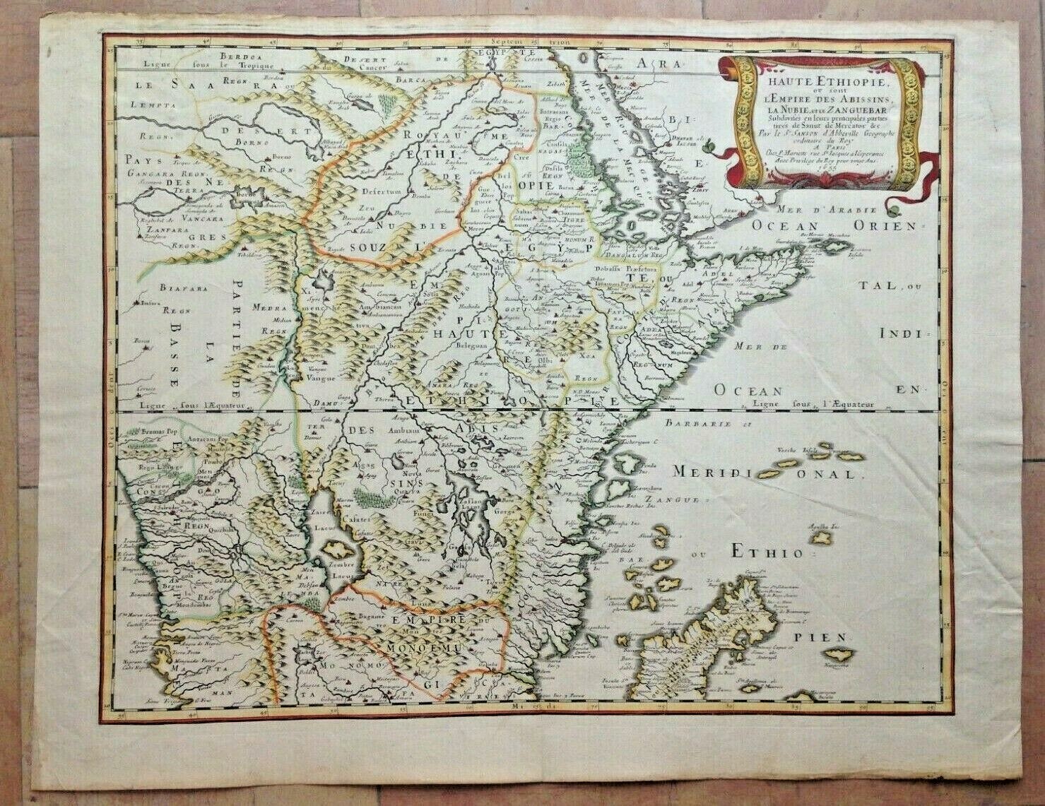 EAST AFRICA 1655 NICOLAS SANSON UNUSUAL LARGE ANTIQUE MAP IN COLORS