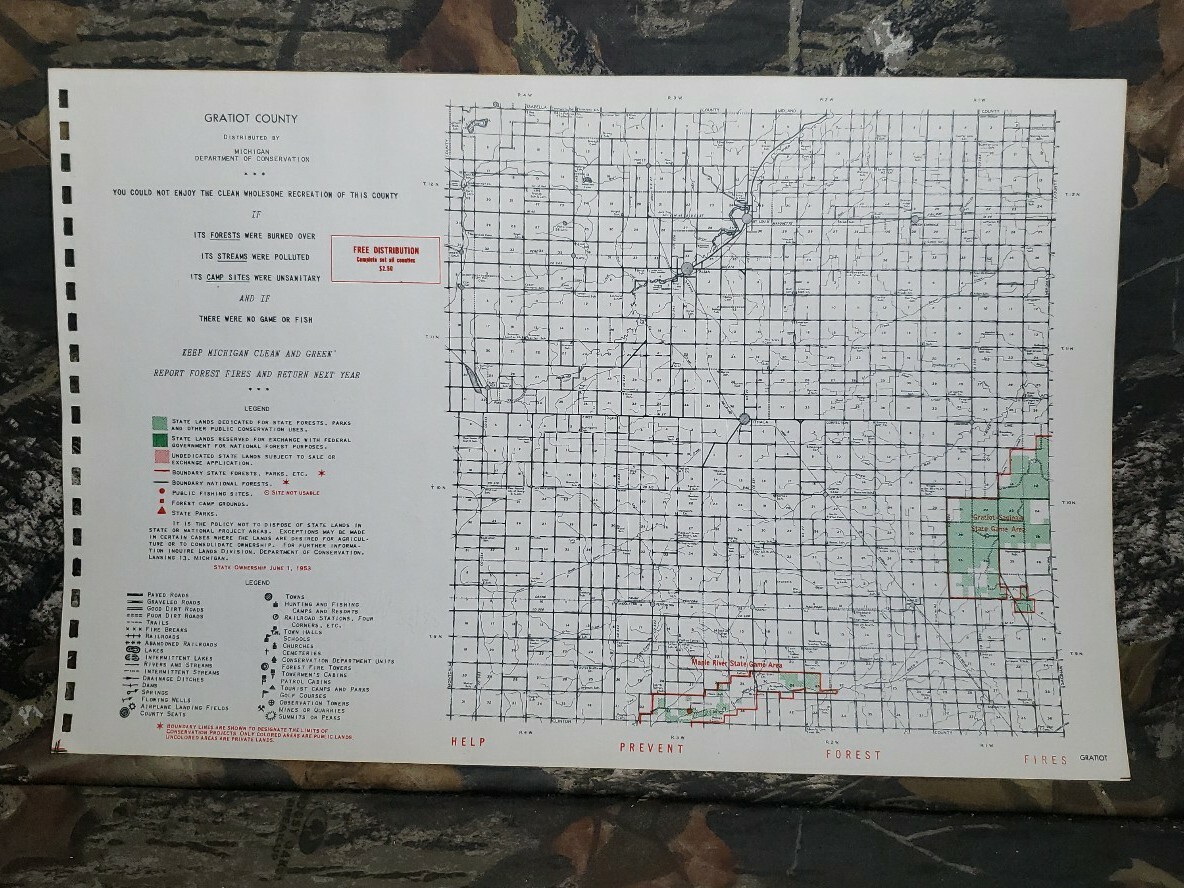 Vtg 1953 Gratiot County Michigan Dept Conservation Plat Maps