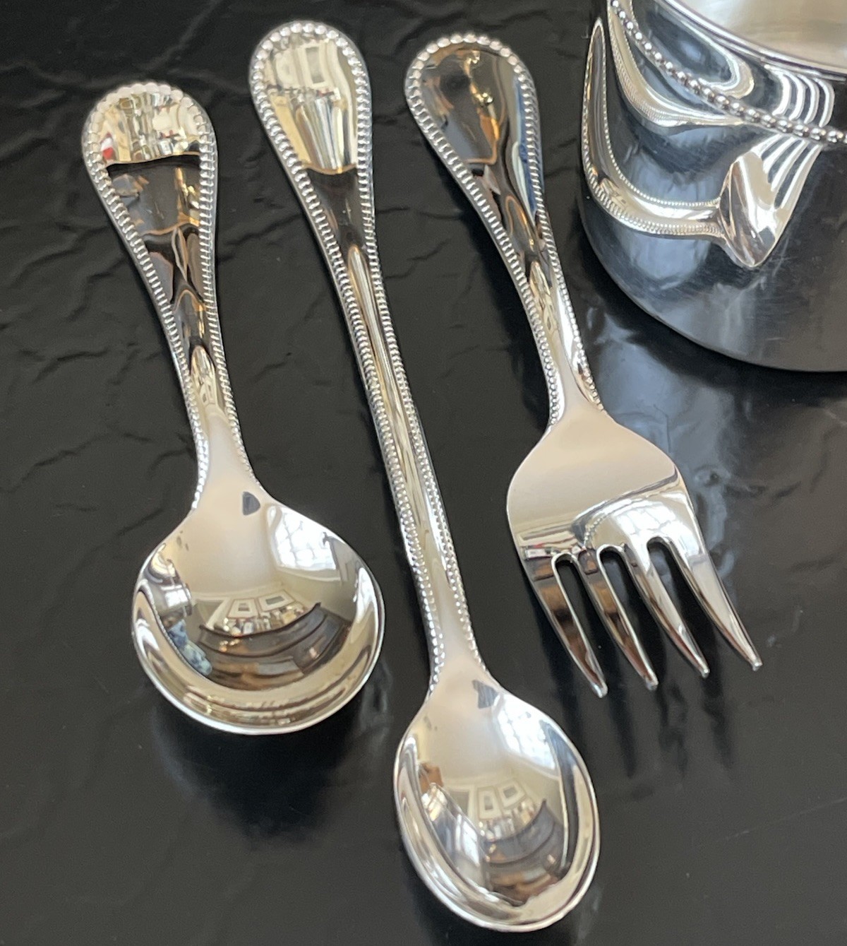 Rare Reed & Barton Sterling Silver Classic Bead Baby Cup Fork Spoon Set American