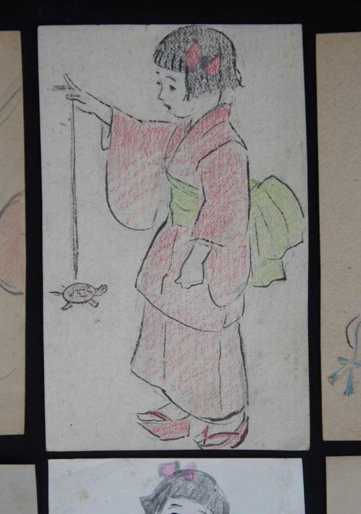 Japan sketch painting Ko girls in Kimono 1930 hand craft