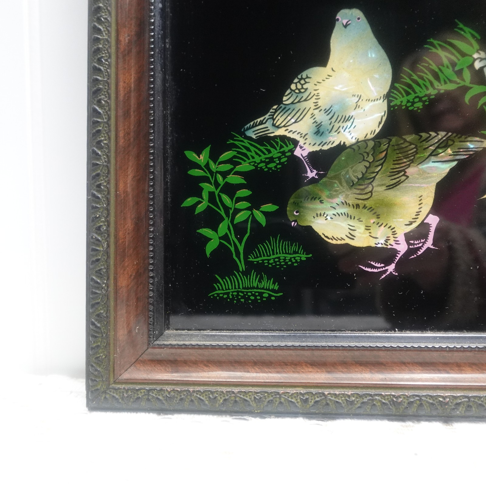Vintage Japanese Reverse Painted Glass Picture Mother of Pearl Inlay Birds