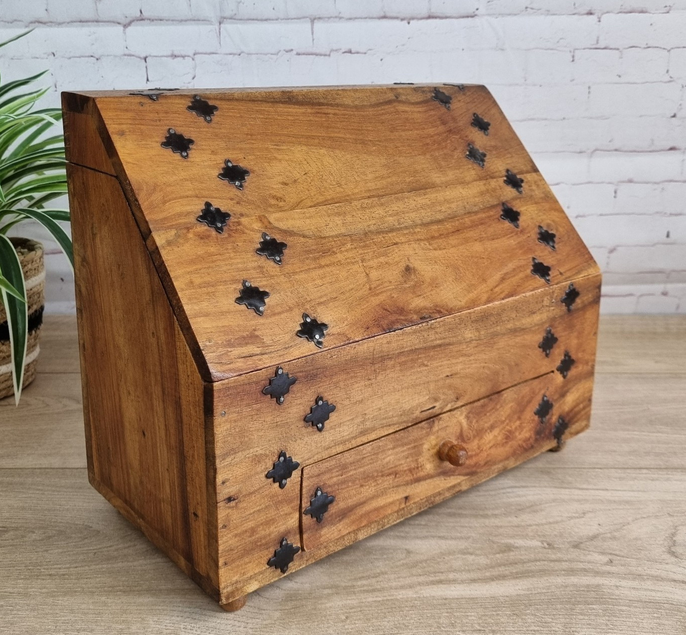 Vintage Wooden Stationery Letter Box Slope Desktop With Drawer, Metal Details