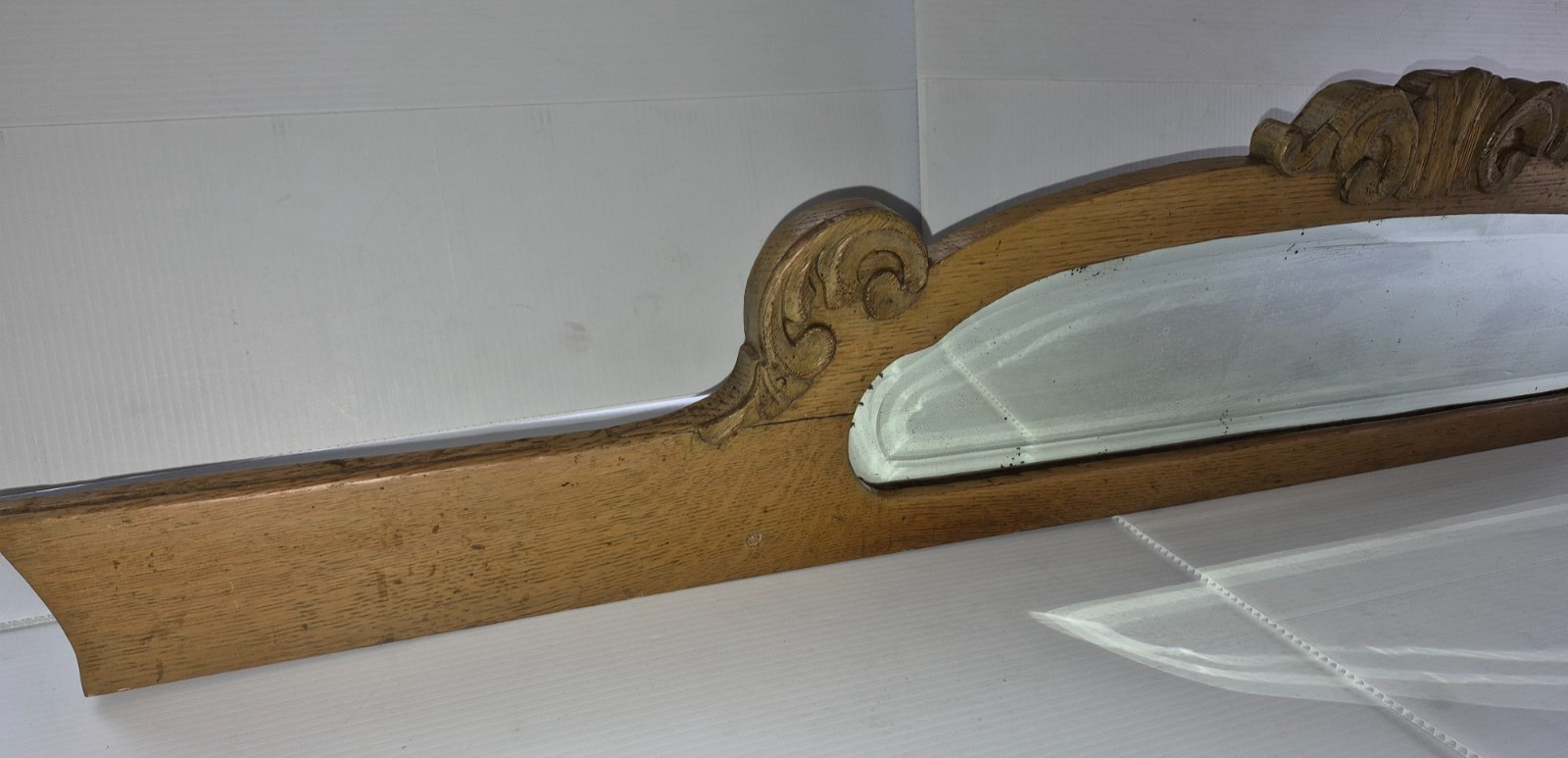 Antique Oak Beveled Oval Mirror Backsplash Ornate Carved 56″ long
