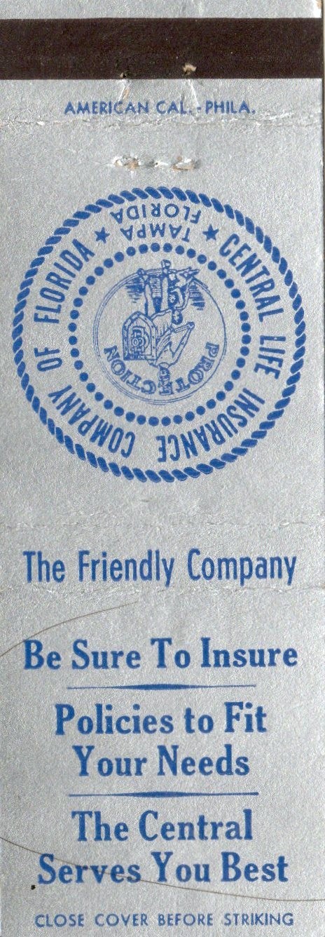 Vintage Matchcover Central Life Insurance Co Of Florida