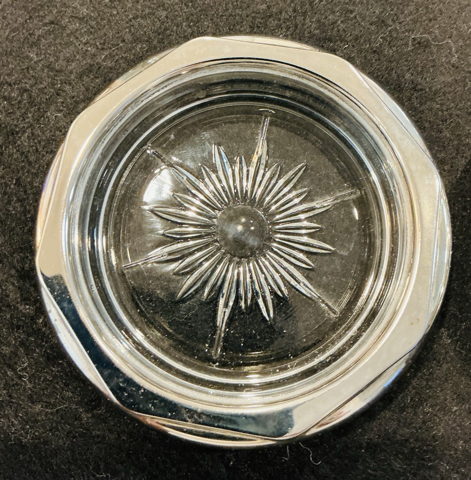 Vintage Octagonal Starburst Silver plate And Glass Coasters Set Of 2
