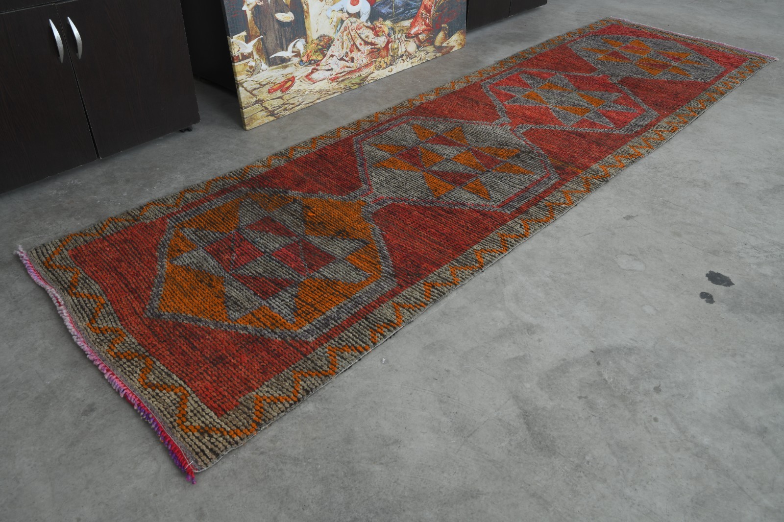 3×10 runner rug, handmade vintage turkish runner rug faded, muted oushak rug,346
