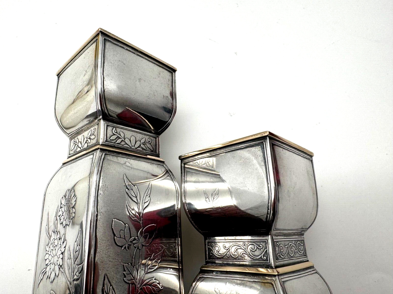 Japonesque Double Vase Sterling Silver 14K Gold Sweetser Co 1915 Acid Etched