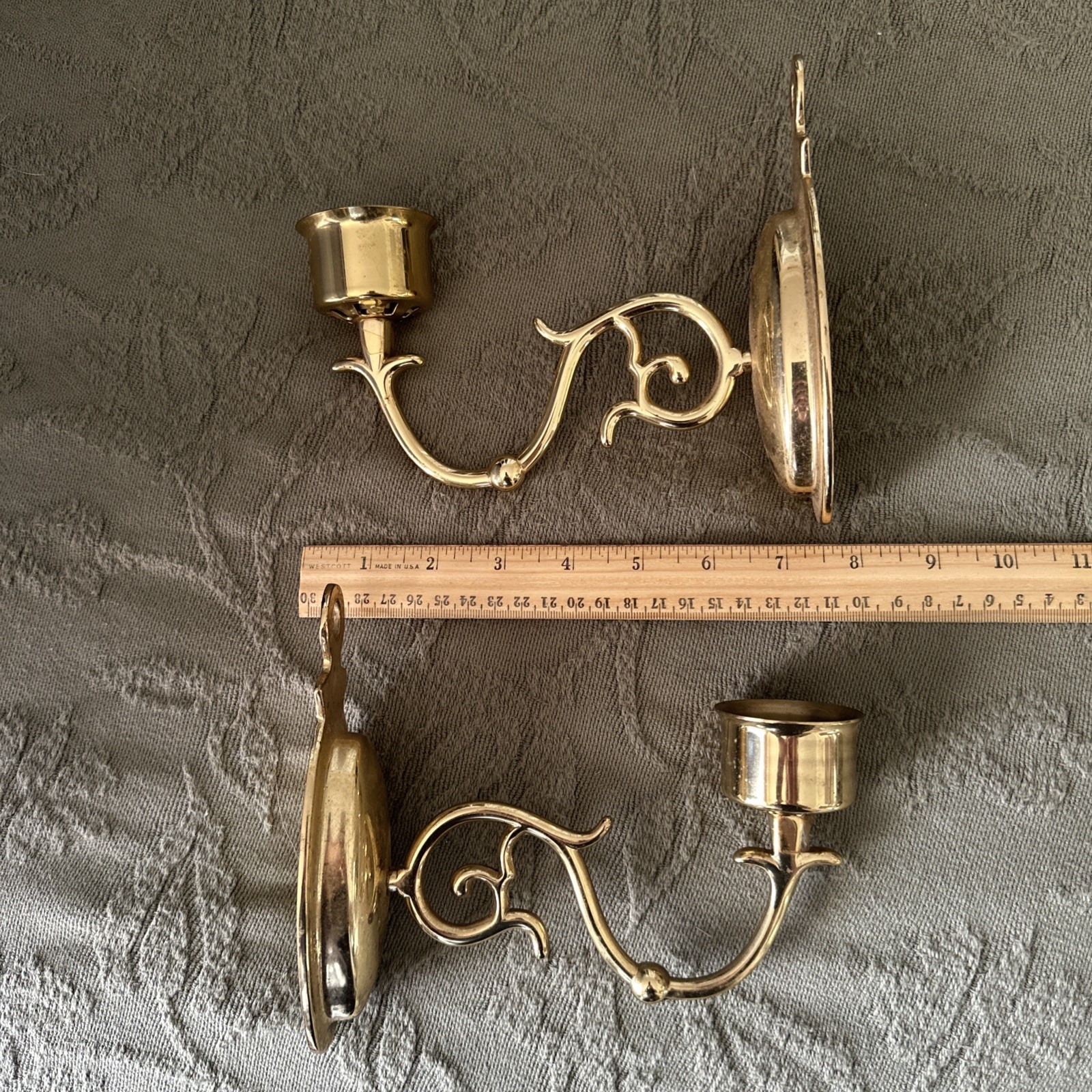 Pair Vtg Brass Colonial Candleholder Sconce Single Arm Hardware Sconces Scroll