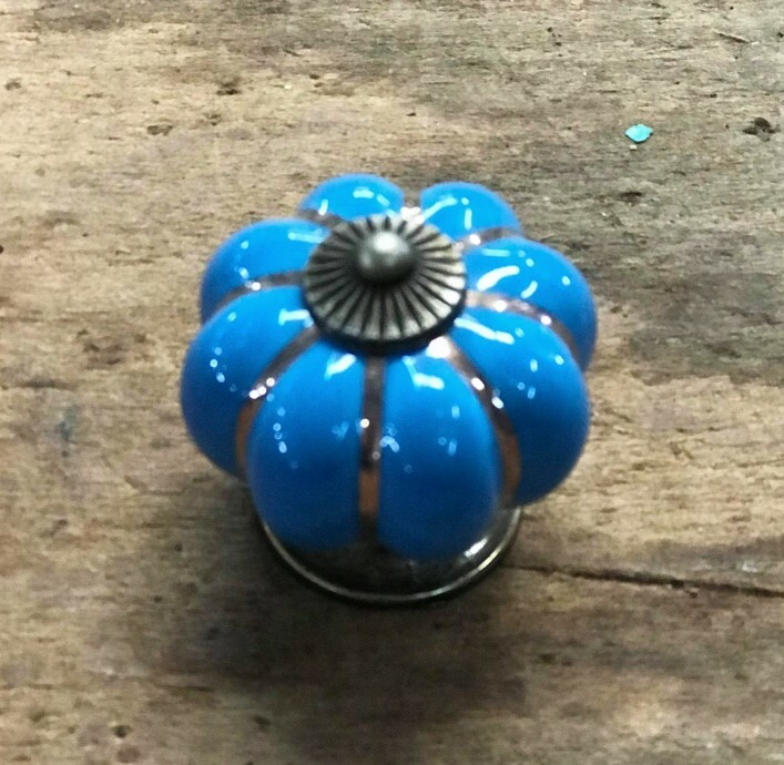 Set of 8 BLUE ENAMEL PULL Drawer Cabinet Knob Porcelain Handle Screws Included