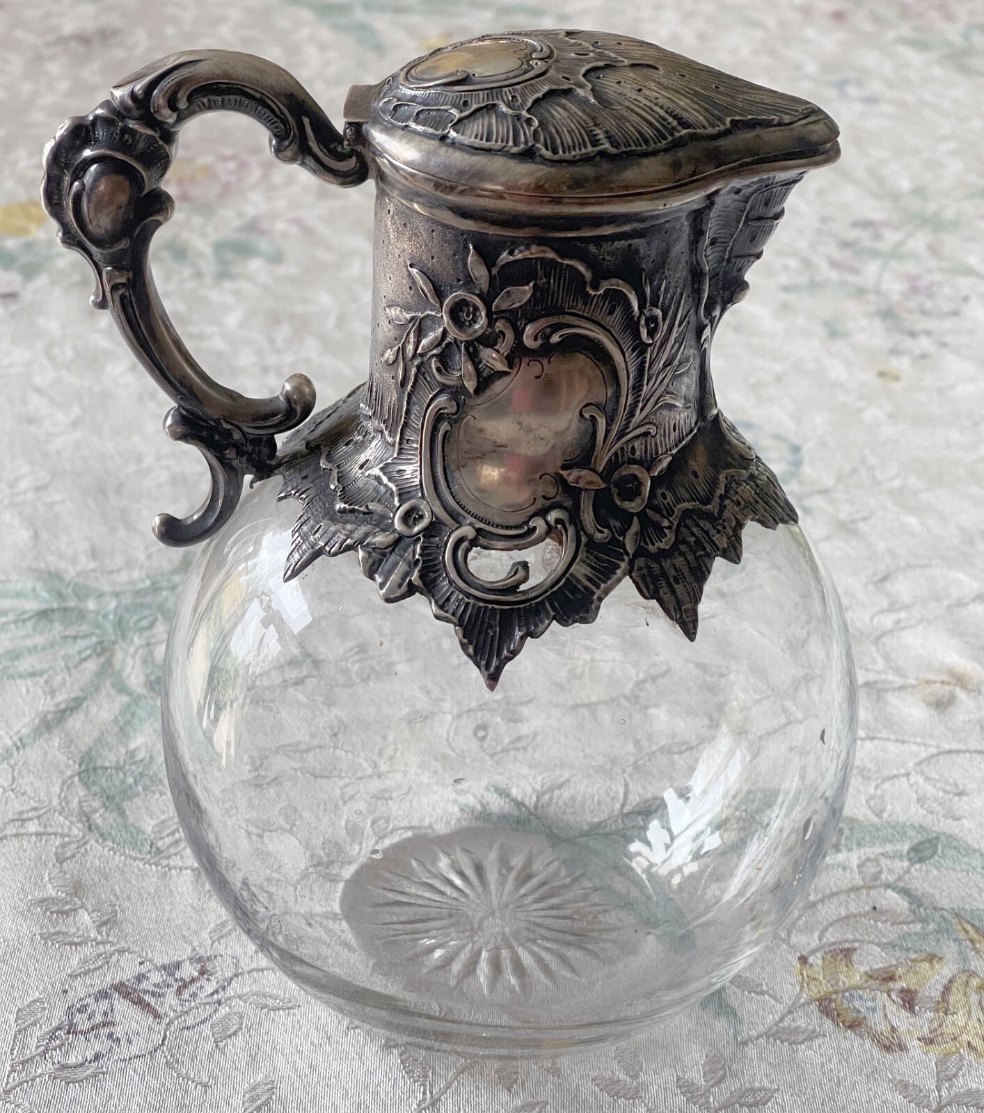 An Impressive Antique German 800 Silver and Cut Crystal Decanter Jug, Ca 1890.