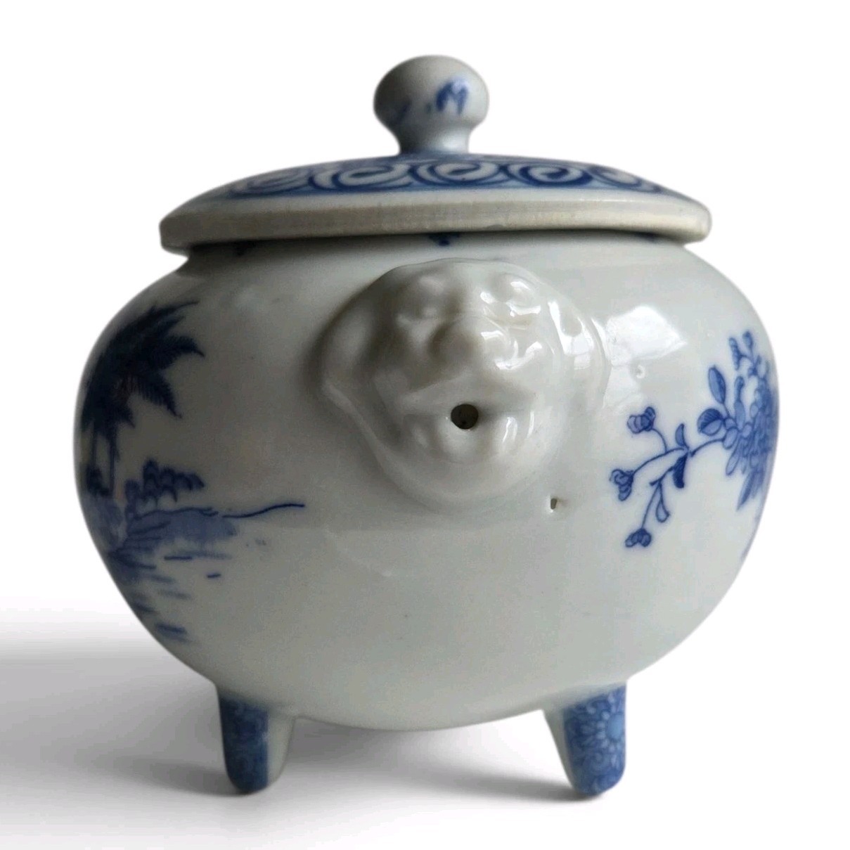 Blue White Porcelain Tripod Incense Burner Censer Foo Dog Handles Vented Lid VTG