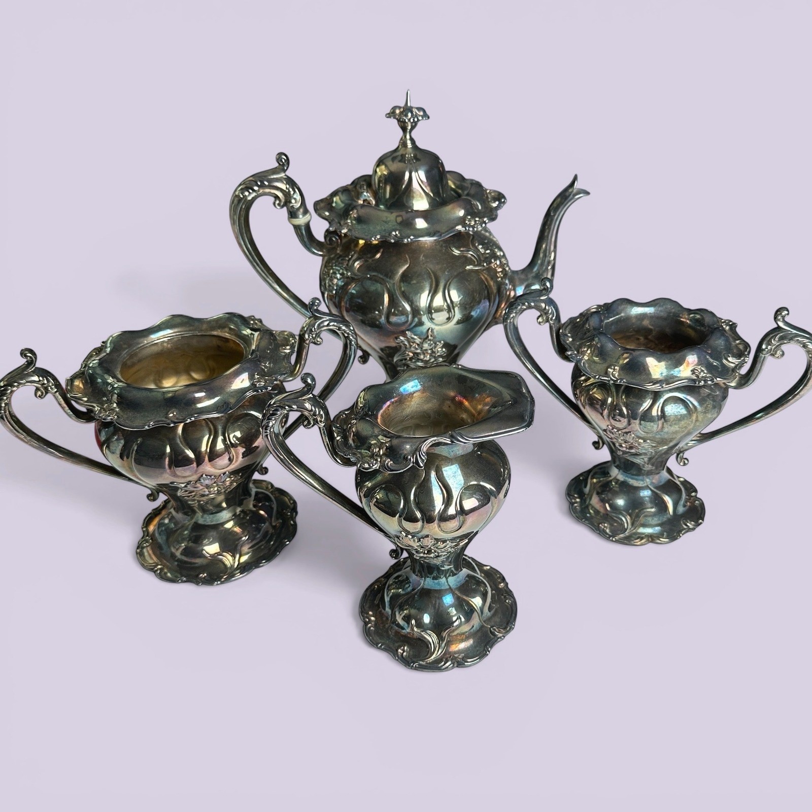 Derby Silver Co Quadruple Plate 4pc Tea Set Teapot Creamer Sugar 1604 Victorian