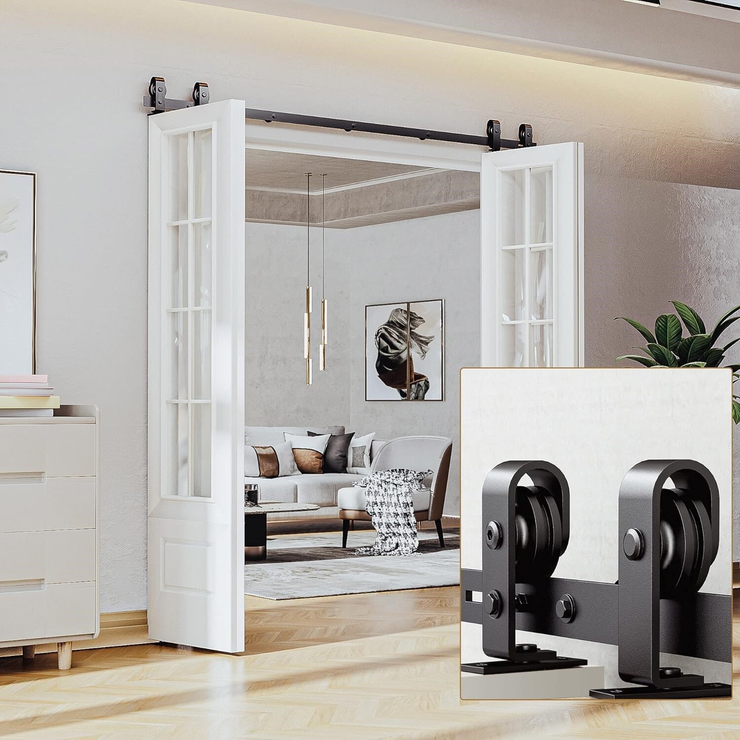 84″ Bifold Barn Door Hardware Kit for 4 Doors, Black Track and Top Mounted NEW