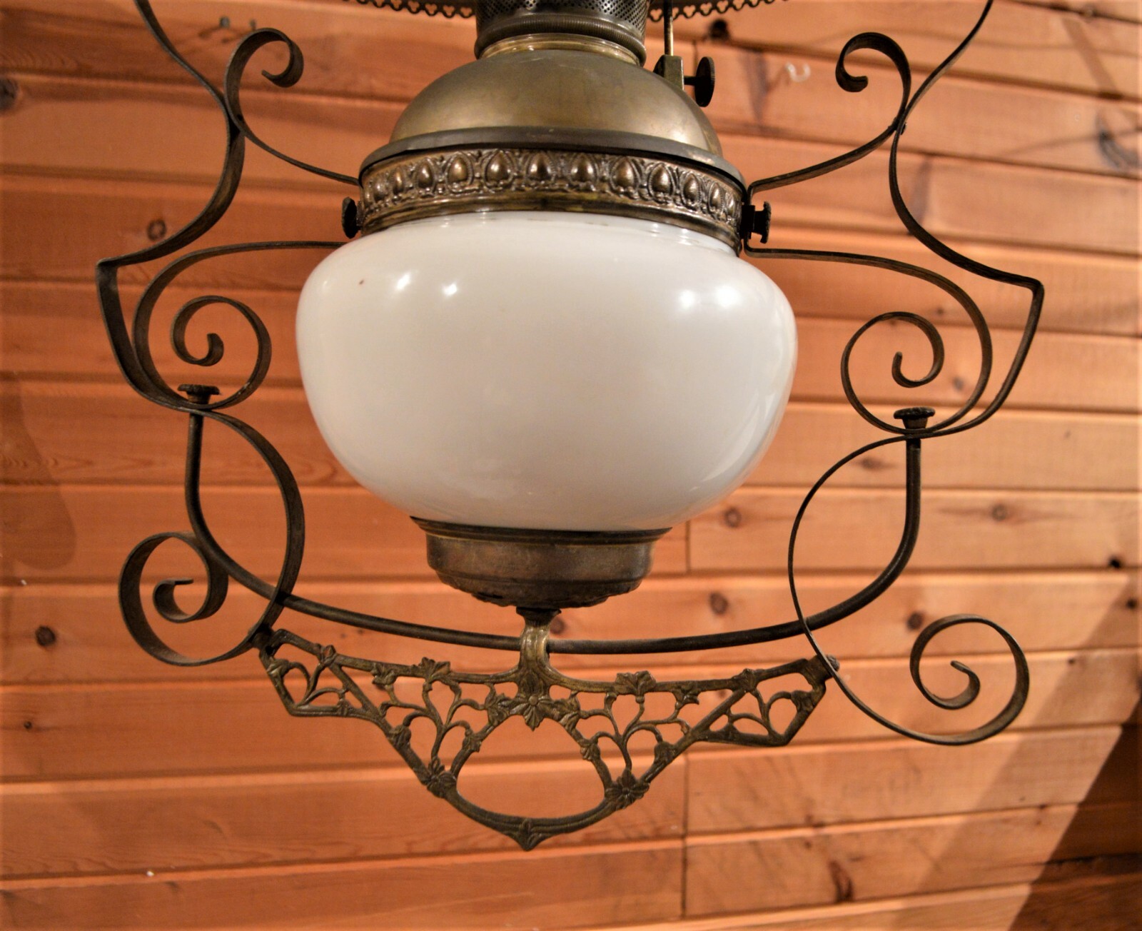 1890’s Victorian Pull Down Library Lamp Pearlescent Melon Shade Electric or Oil