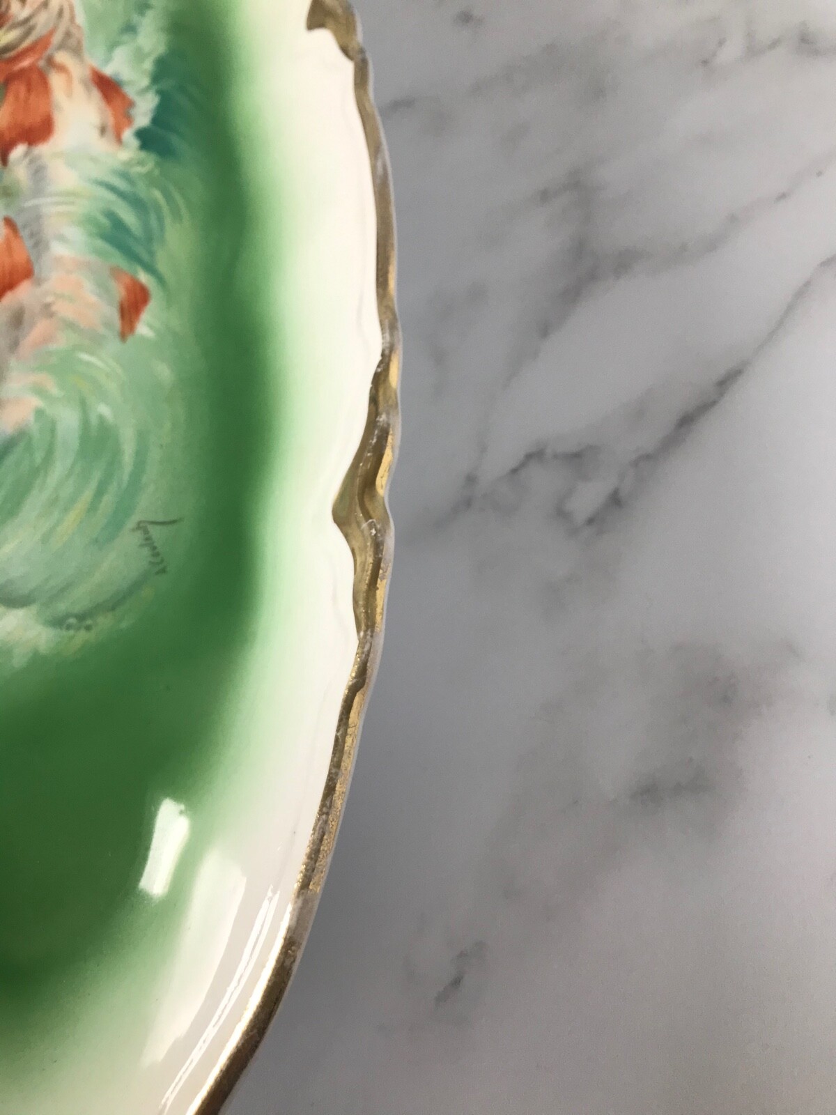 Antique Sterling China Hand Painted Artist Signed Fish Platter w/ Gold Edge