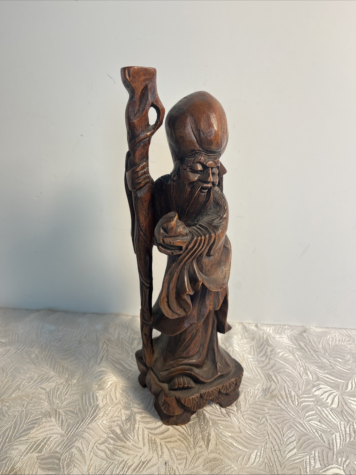 Chinese HAND-CARVED Wooden SHOU LAO “God of Longevity” Sculpture Figure 12”