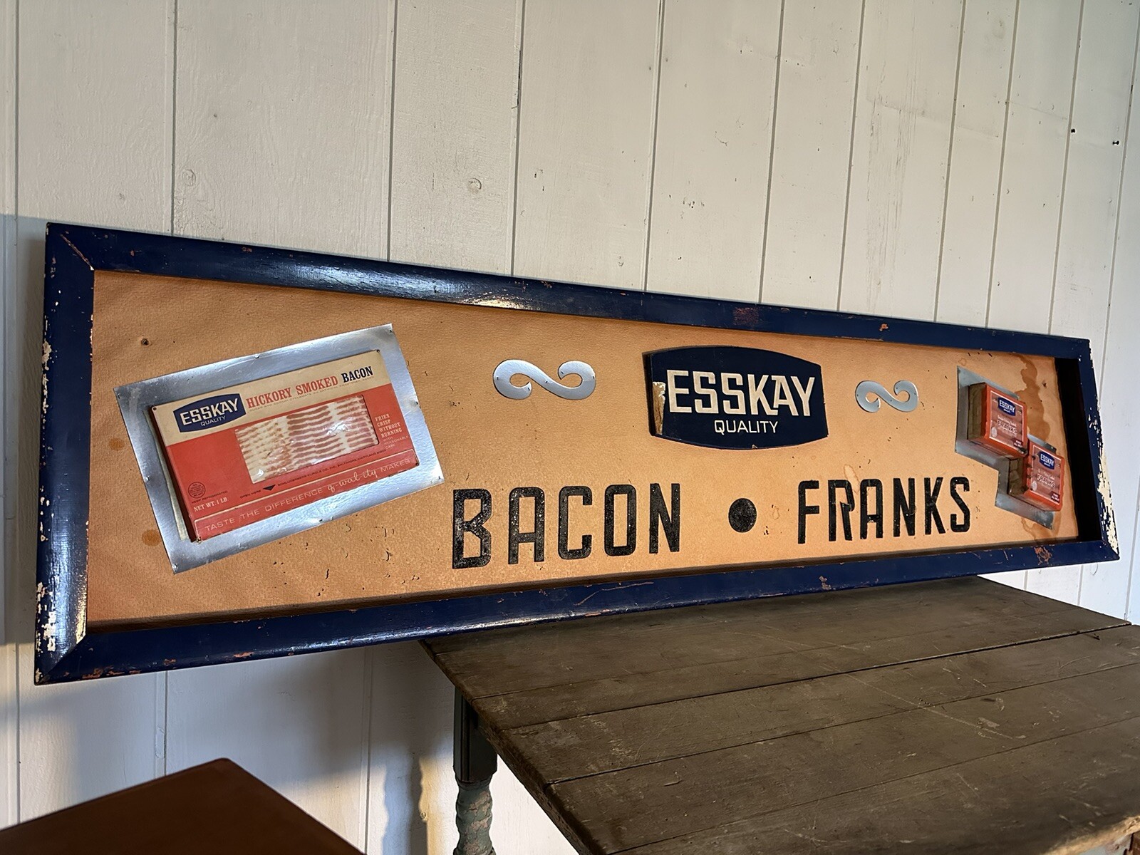1950s Esskay Bacon Hot Dogs Sign Country Farmhouse folk art trade advertising