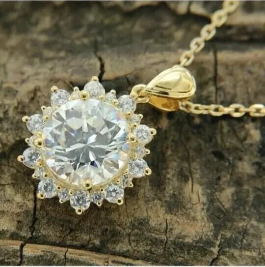 6.00Ct Round Cut Lab Created 14k Yellow Gold Plated Silver Diamond Halo Pendant