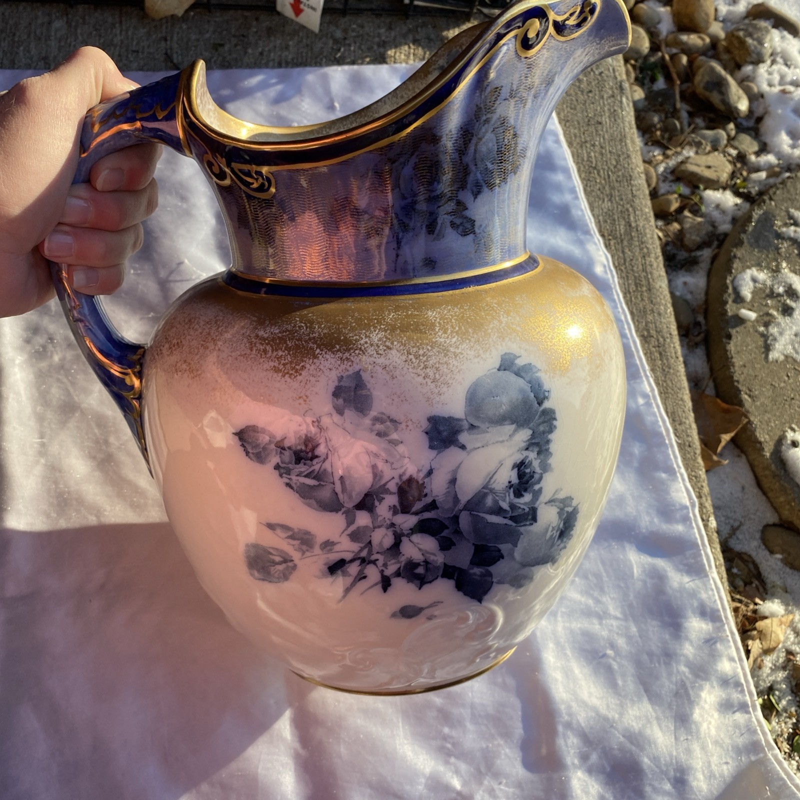 Doulton Burslem Pitcher England Gold Blue Floral