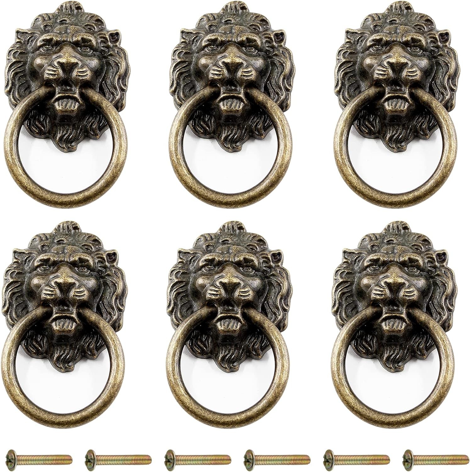 6 Pcs Antique Bronze Lion Head Knobs Pull Handles Drawer Dresser Cabinet Ring Pu