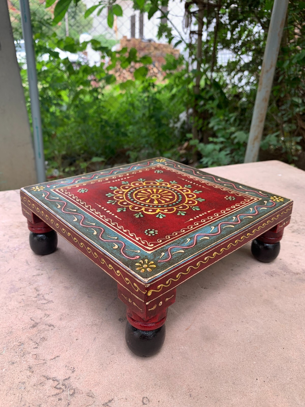 Traditional Art Chowki Wooden Hand Carved Bajot Decorative Low Stool Home Decor