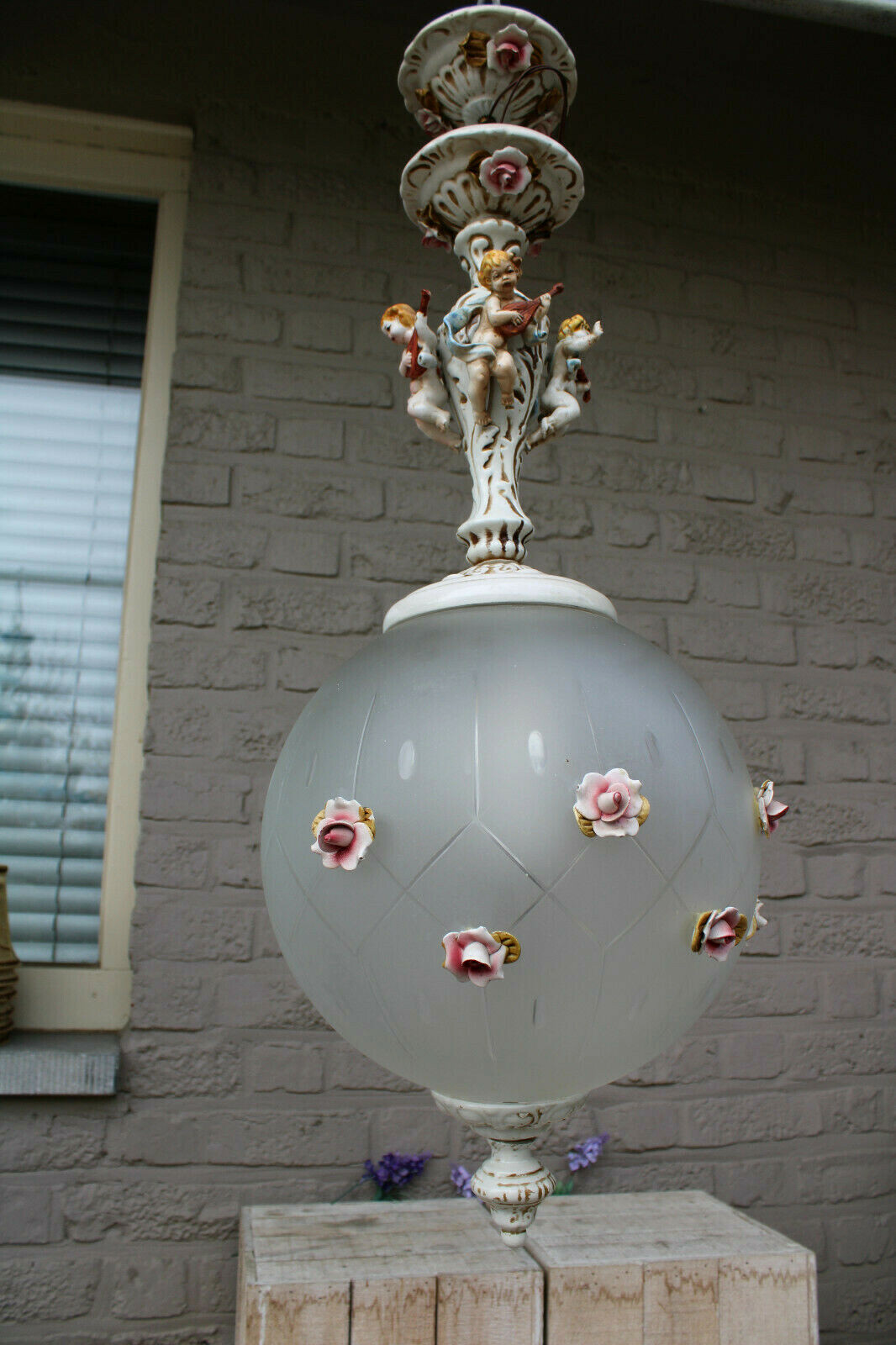Vintage italian capodimonte faience porcelain putti glass globe roses chandelier