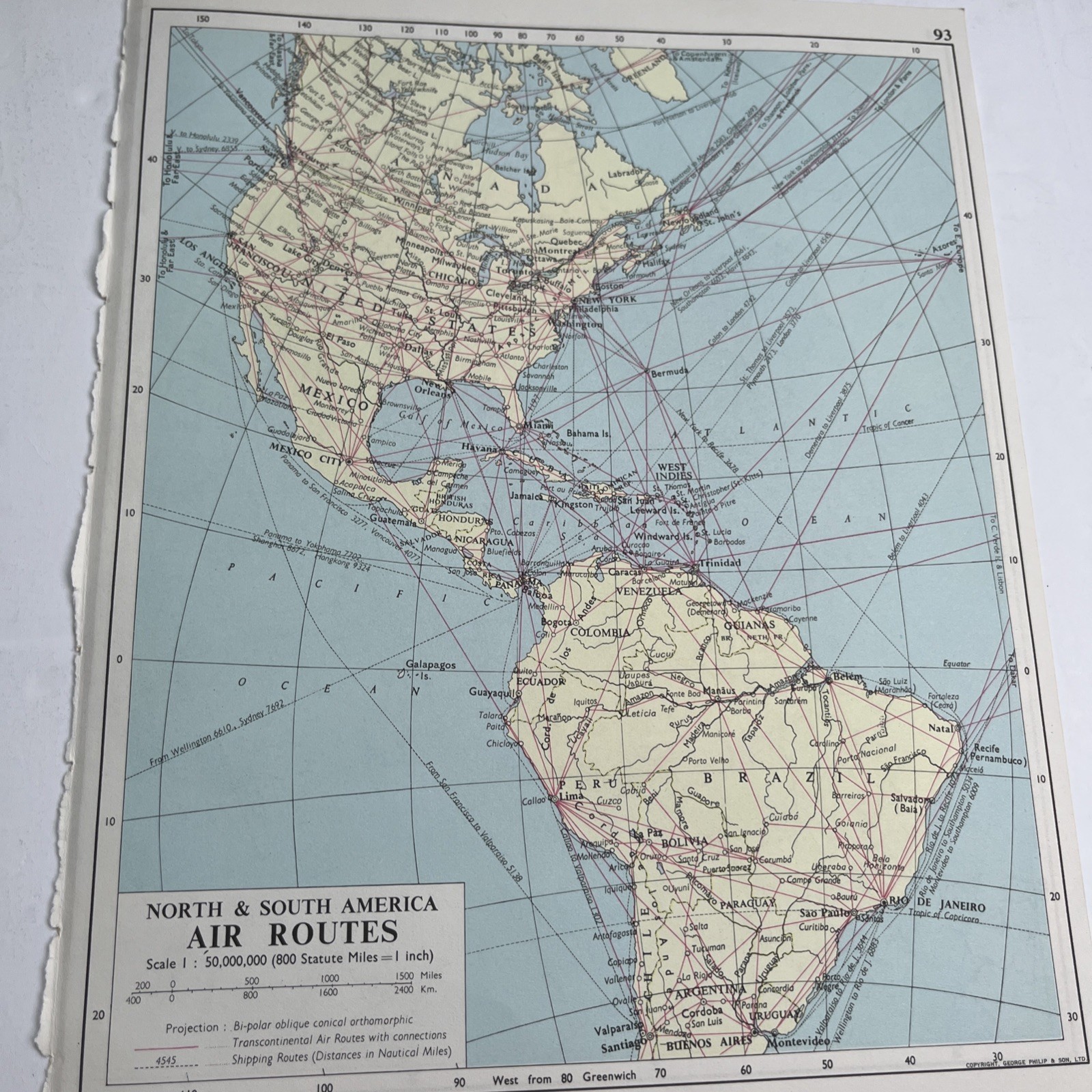 1960: Map of North &South America Air Routes Vintage Atlas print BE93 Xmas gift