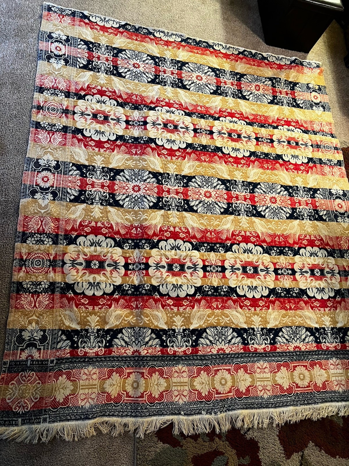 19th Century Jacquard Coverlet Beautiful Color Red, Gold, Blue Bird Of Paradise
