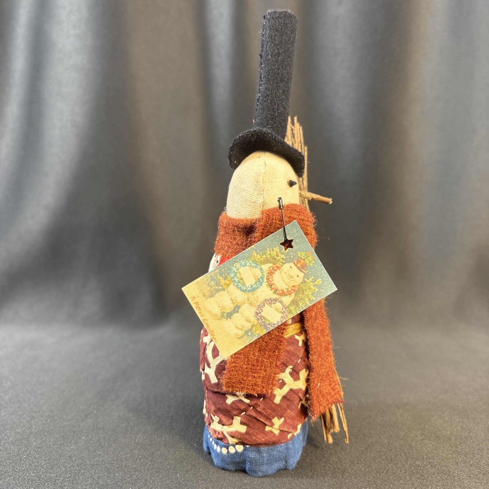 Primitive Christmas Handcrafted Quilted Coat & Scarf Snowman Doll 8″ Hat Broom