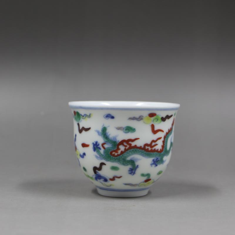 2.5″ China Ming Blue White Doucai Contrasting Colors Porcelain Animal Dragon Cup
