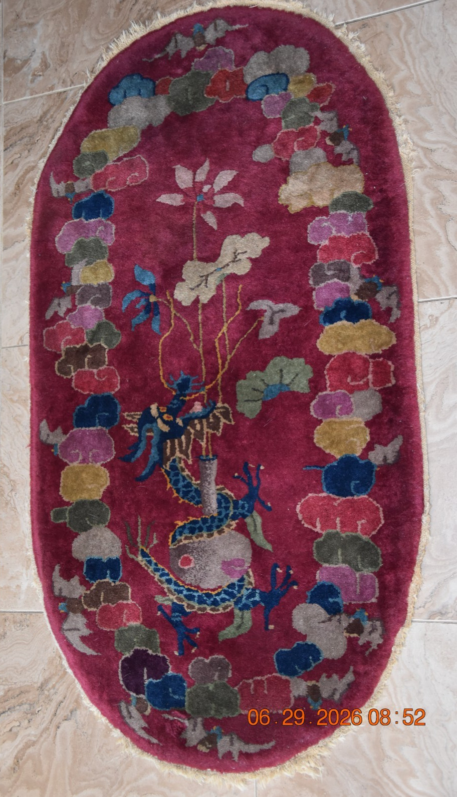 Antique 1920s Art Deco Chinese Dragon on Vase Knotted Floral Wool 26″ x 48″ Rug