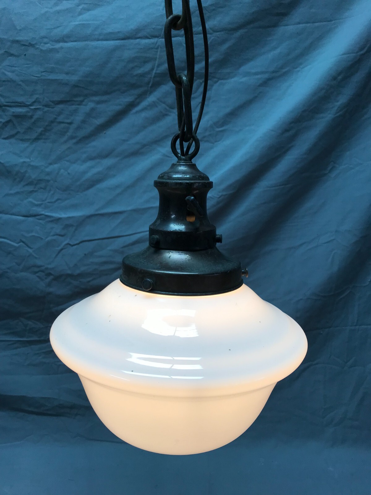 Antique 9″ Schoolhouse Bank Ceiling Light White Glass Globe VTG Bronze 295-23B
