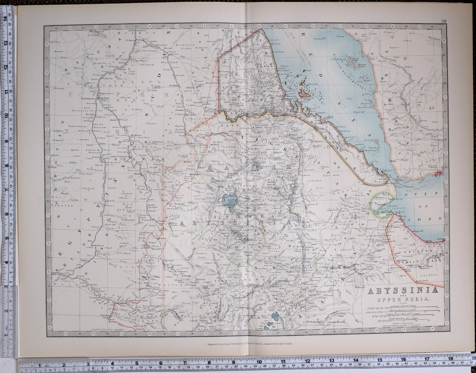 1904 LARGE MAP ABYSSINIA UPPER NUBIA TIGRE BRITISH SOMALI LAND HABESH AMHARA
