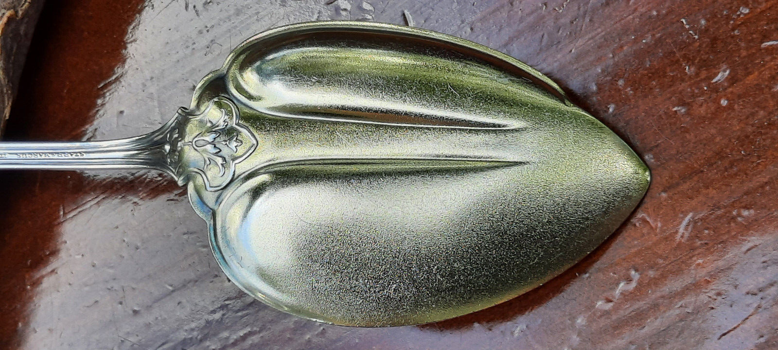Sterling Silver Wendt Ribbon Pattern Jam or Pudding Spoon w Goldwashed Blade