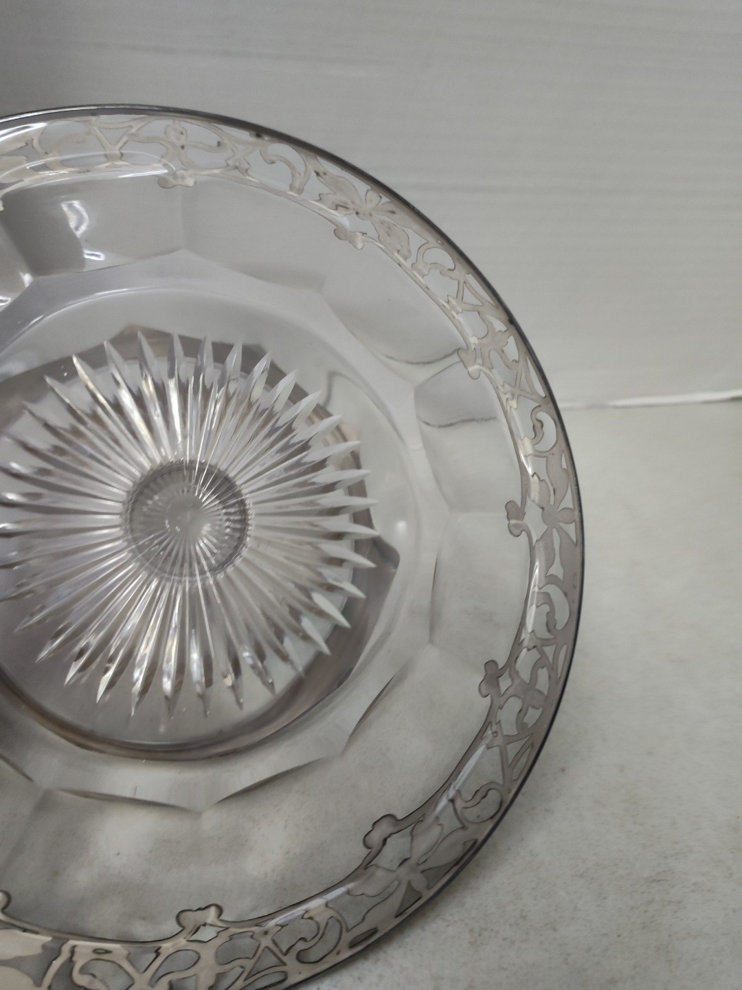 Sterling Silver Overlay Tiered Tray Cut Crystal Star Bottom Ornate Heisey Clear