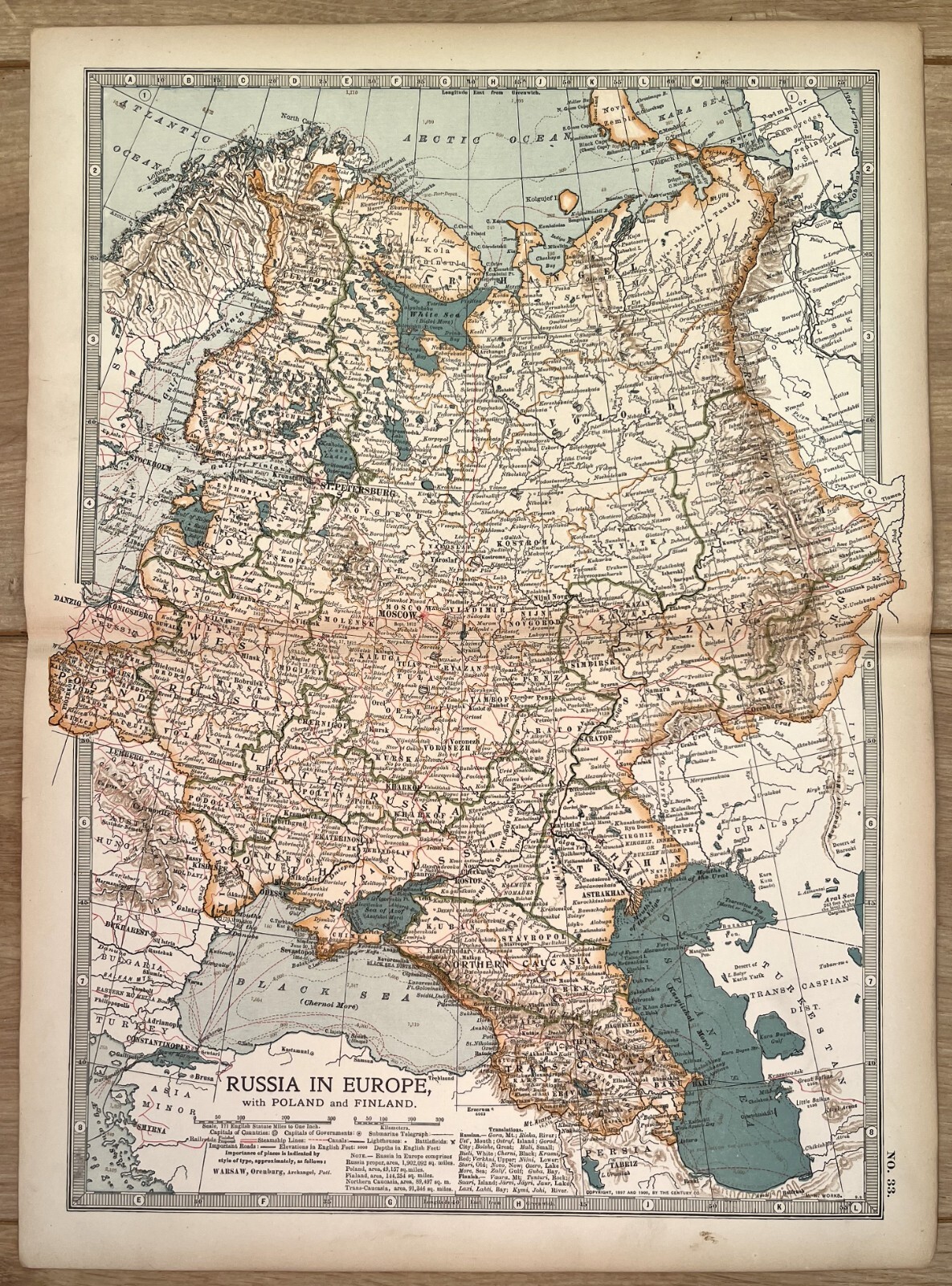 RUSSIA, FINLAND, BALTIC STATES Antique Encyclopaedia Britannica Folding Map 1900