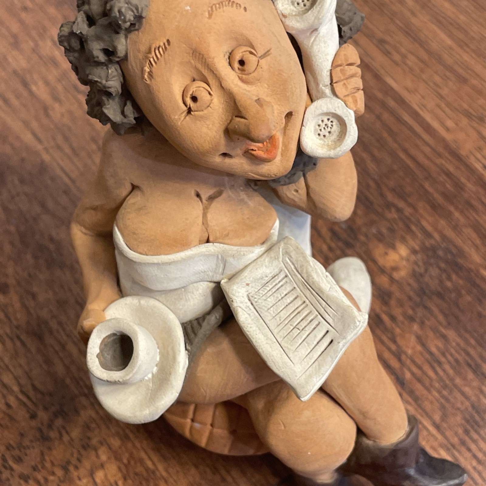 Denis Filtser Clay Figurine Woman Gossip Bench Phone Coffee Signed Pottery Art
