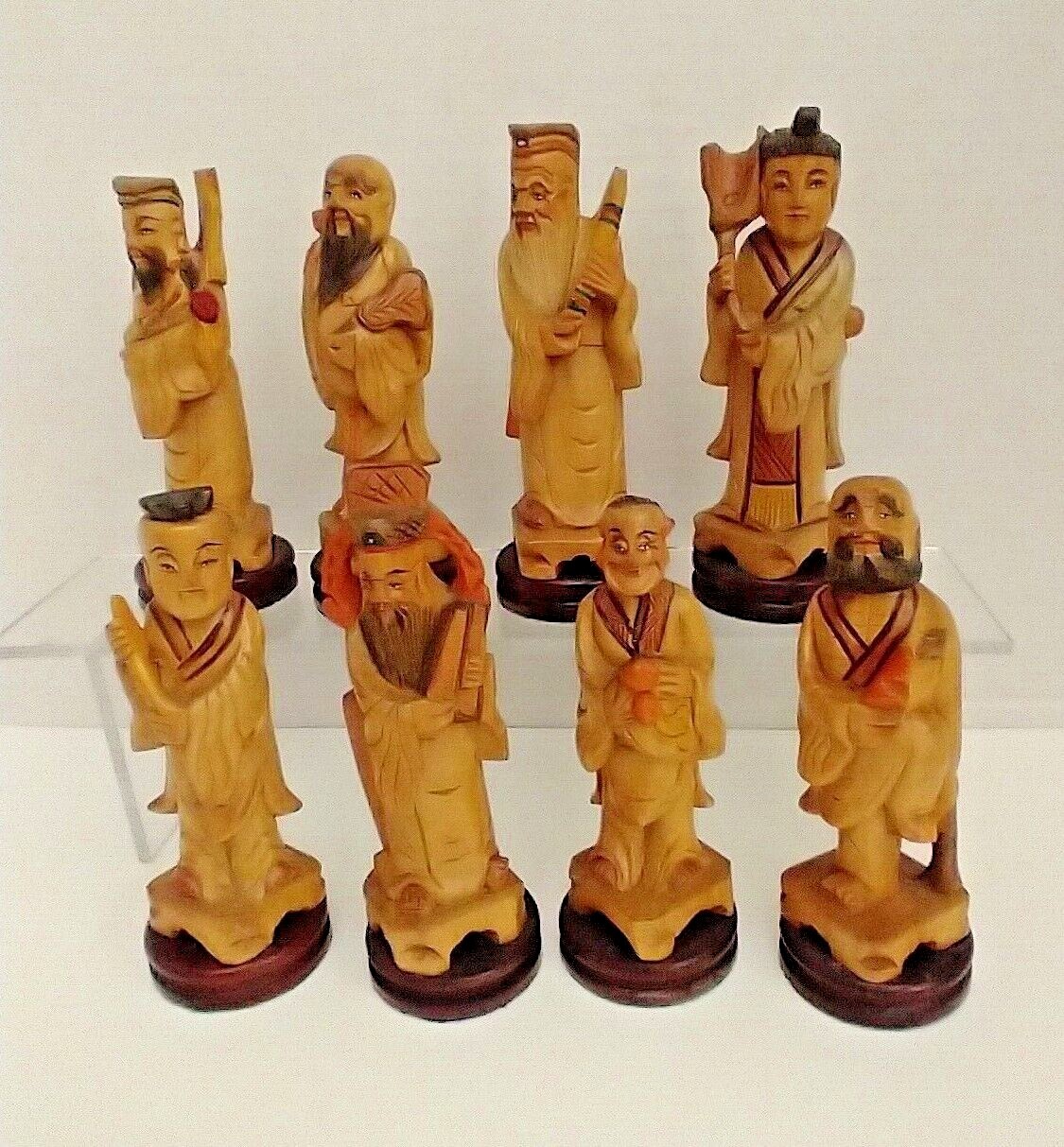 Vintage Lot 8 hand carved wooden sculptures Eight Immortals BA-XIAN Statues