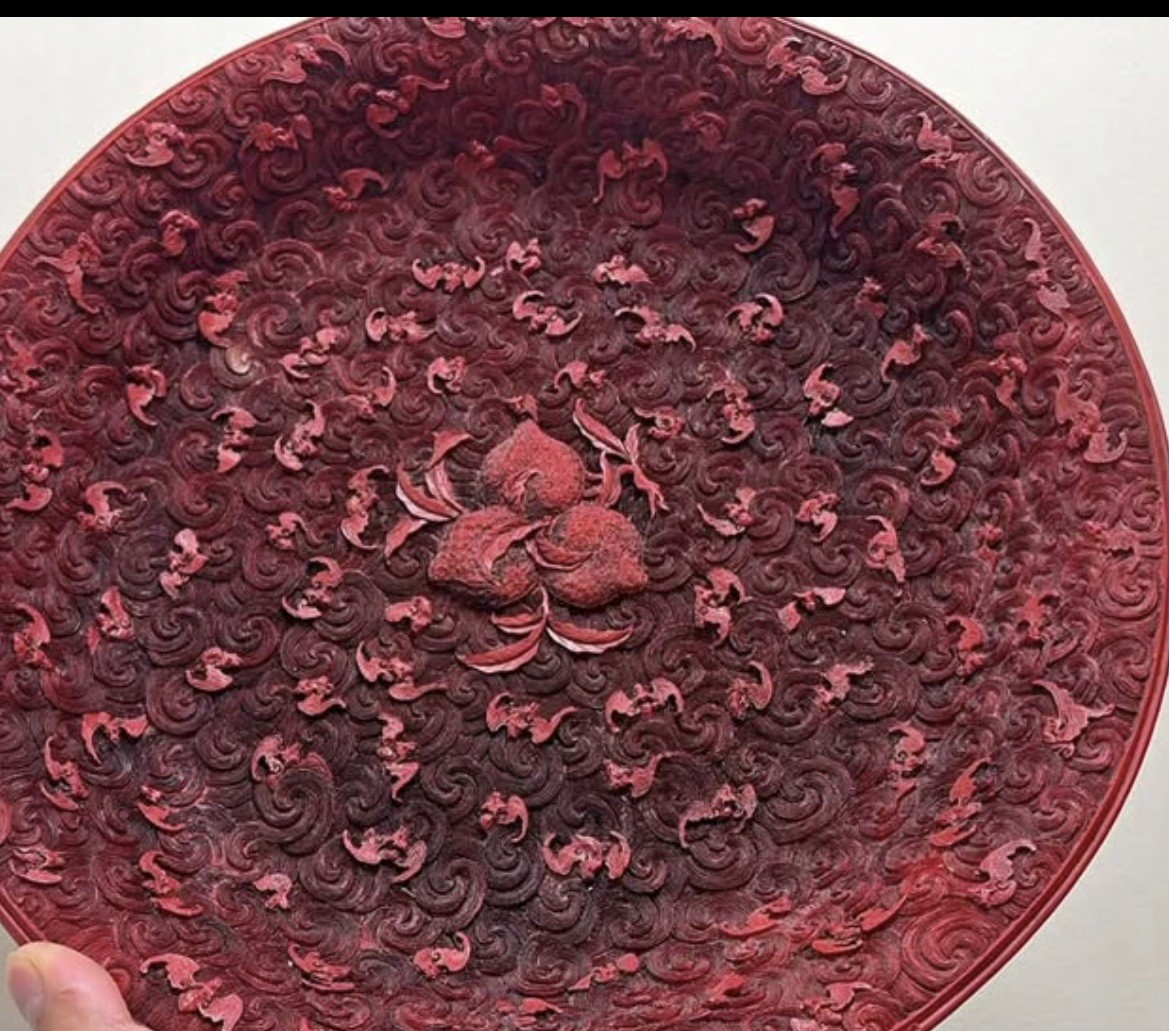 Large Chinese Red Cinnabar Style Lacquer Plate 32cm Made China