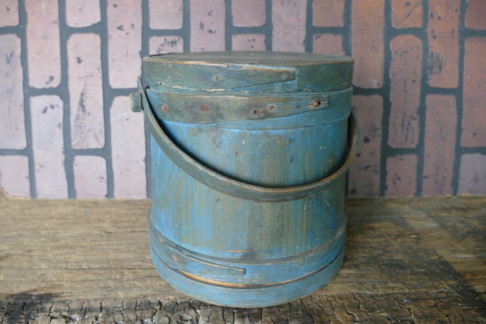 antique original blue painted firkin swing handle Wilder so. Hingham mass 9.25 “