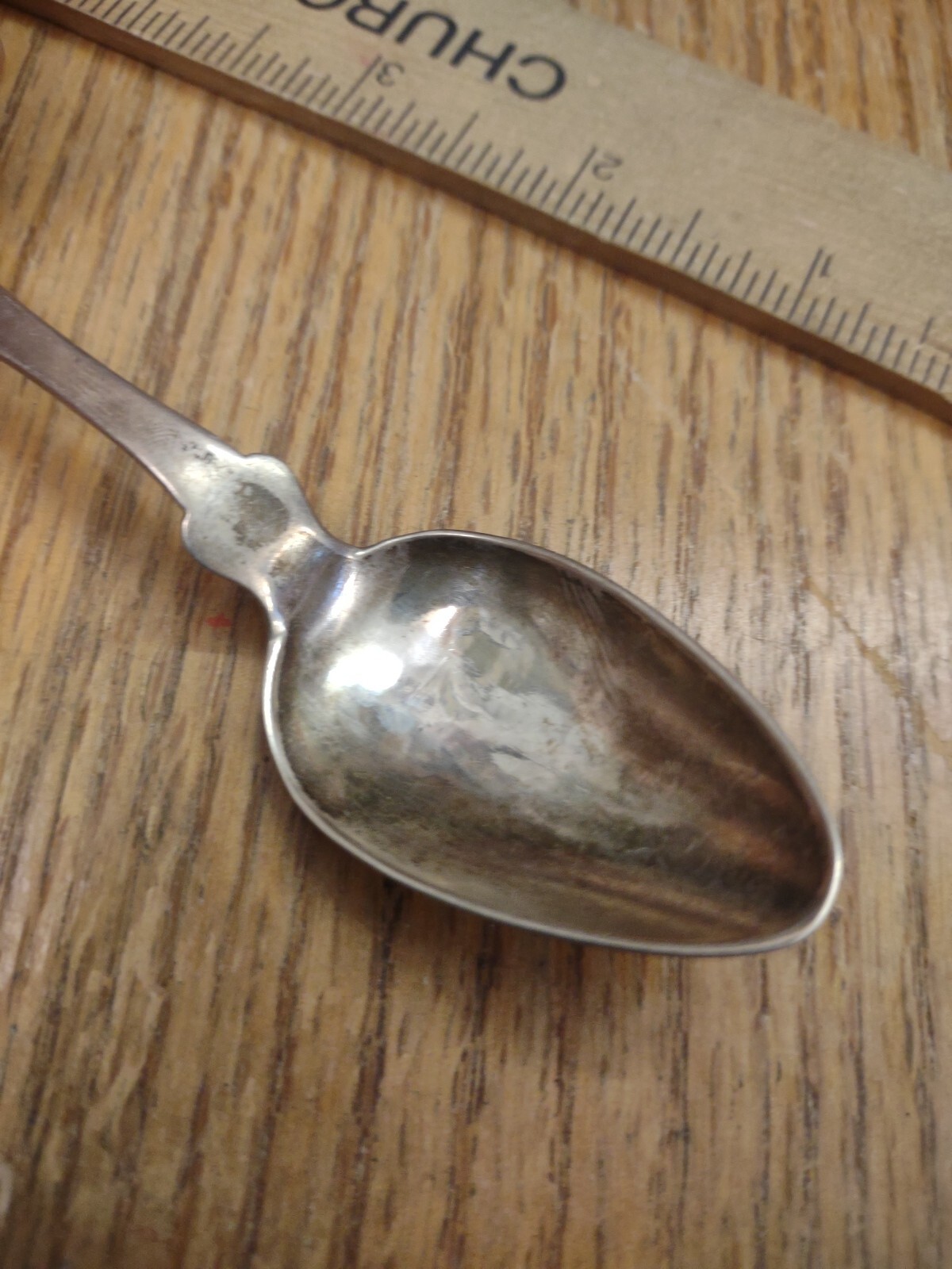 Antique Fiddleback Barrows Coin Silver Serving Spoon: 5 1/2″ W Monogram